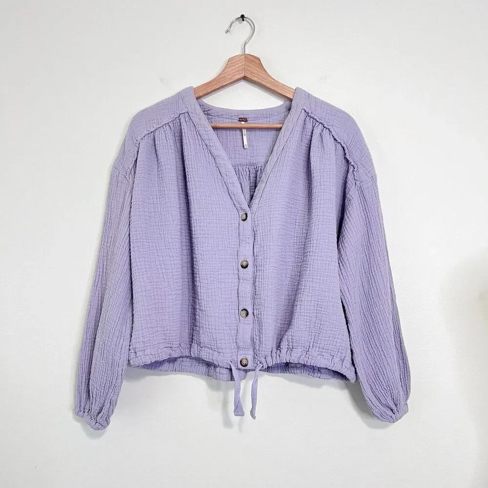Free People Rising Sun Textured Relaxed Gauze Button Front Blouse XS Lavender